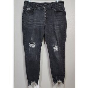 Judy Blue Jean's Button Fly Charcoal Black Distressed 16 W Skinny Fit